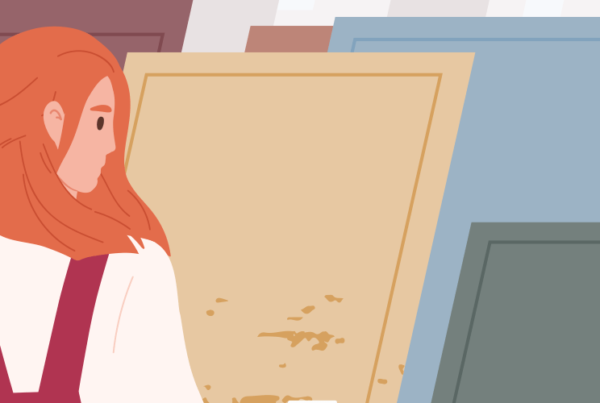 Woman cartoon character standing in front of multiple colorful doors